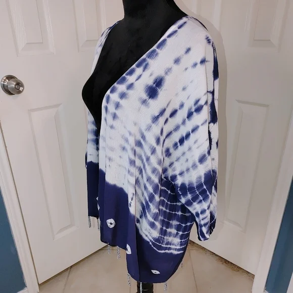 NWOT Soft Surroundings Tie Dye Short Sleeve Open blouse w Beaded Fringe. Large - Picture 7 of 13